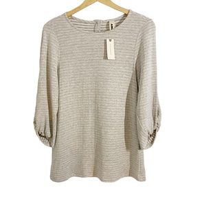 Anthropologie Amadi Grey & White Striped Twisted 3/4” Sleeves Top, Size Medium